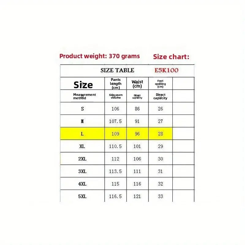 Size chart for men tactical cargo joggers outdoor work pants e5k100 showing measurements in centimeters for sizes s to 5xl.