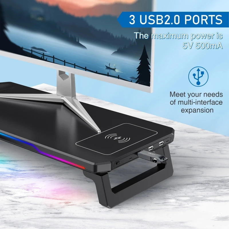 Wireless Charging Computer Stand with RGB Light Monitor Stand Office Docking Station Multifunctional Foldable Desktop Organizer