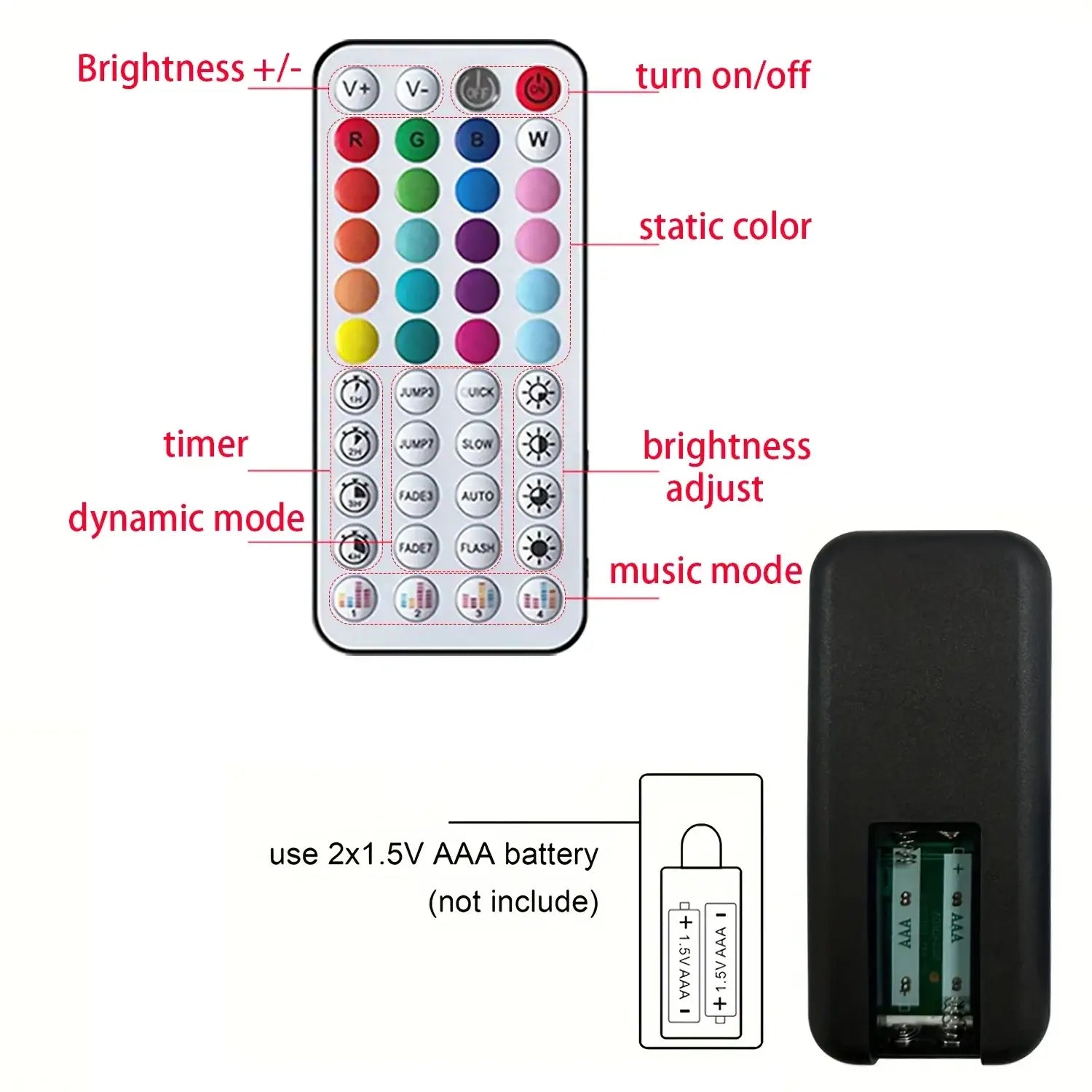 White remote control with colorful buttons for adjusting rgb led strip light effects and modes from front view