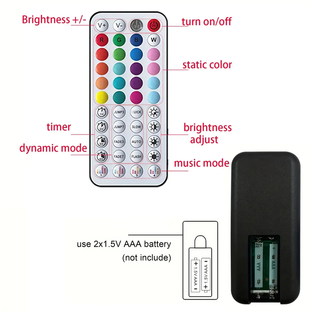White remote control with colorful buttons for adjusting rgb led strip light effects and modes from front view