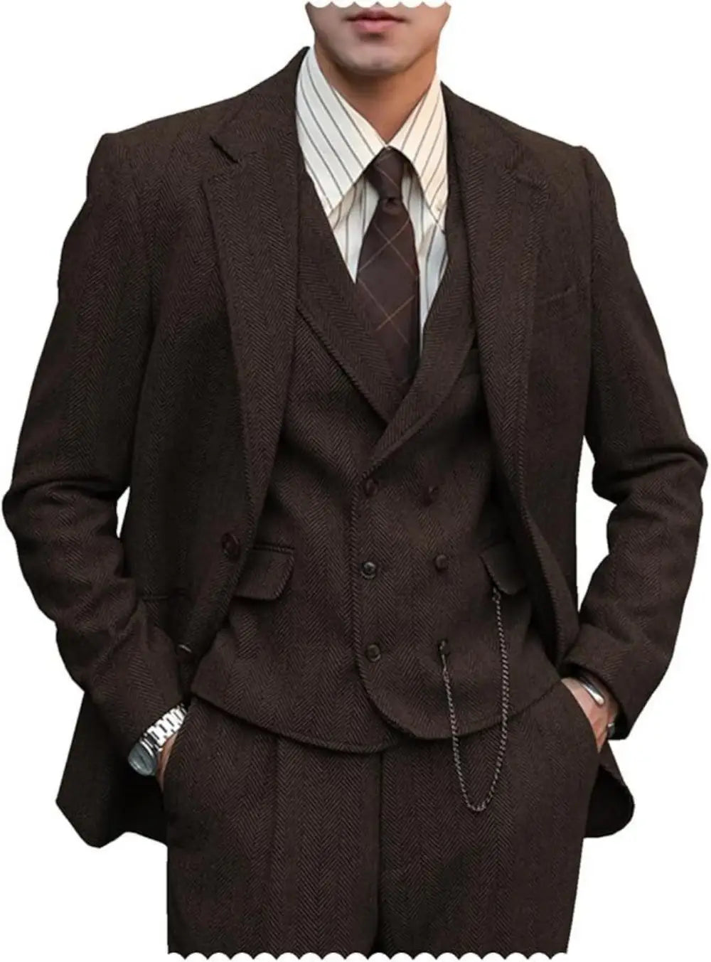 Brauner Tweed-Herren-Hahnentritt-3-teilig-Anzug mit Doppelreiherweste und passenden Hosen, dargestellt neben der Größentabelle.