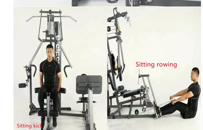 Silver and black metal 3-station multi-function home gym equipment with adjustable weight stacks and padded seating for versatile strength training.