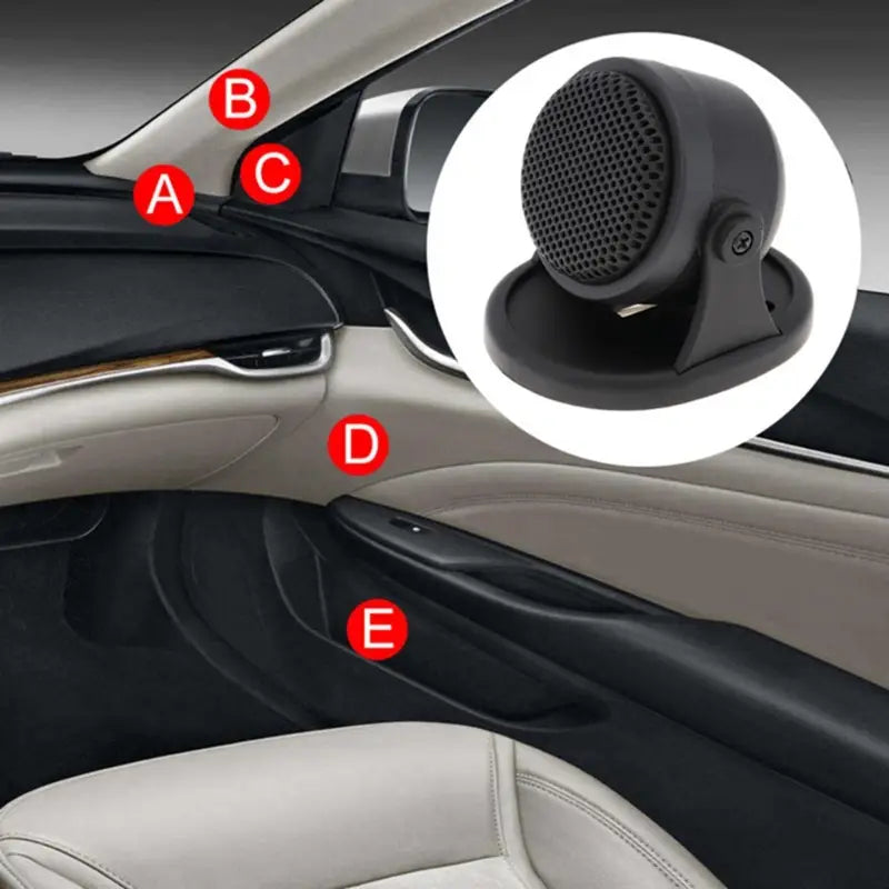 Black plastic car tweeter speaker with a circular grille and mounting base designed for high frequency hifi audio 20w use.