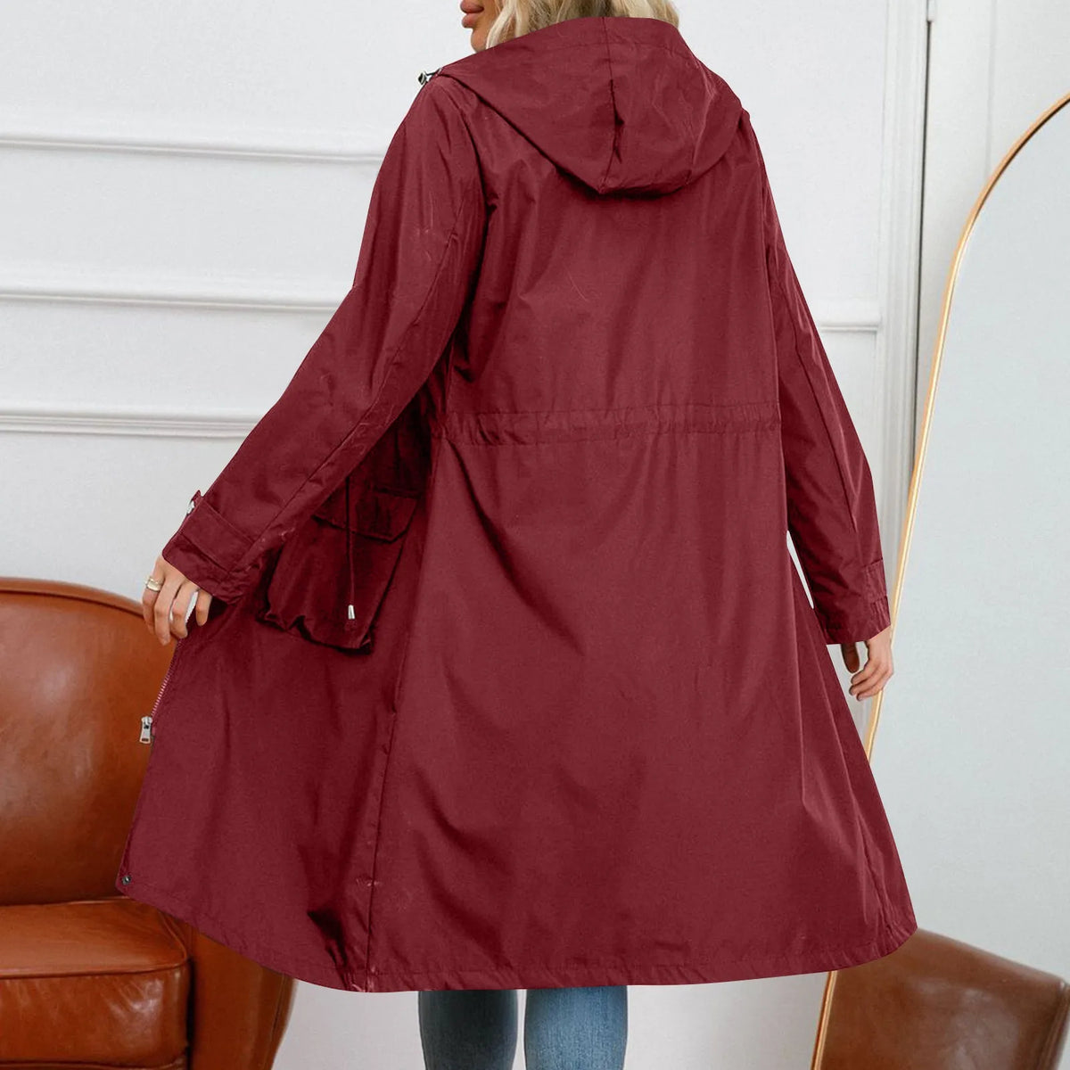 Women's Solid Colored Hooded Long Sleeved Trench Coat With Striped And Straight Tube Jacket Elegant British Style Windbreake