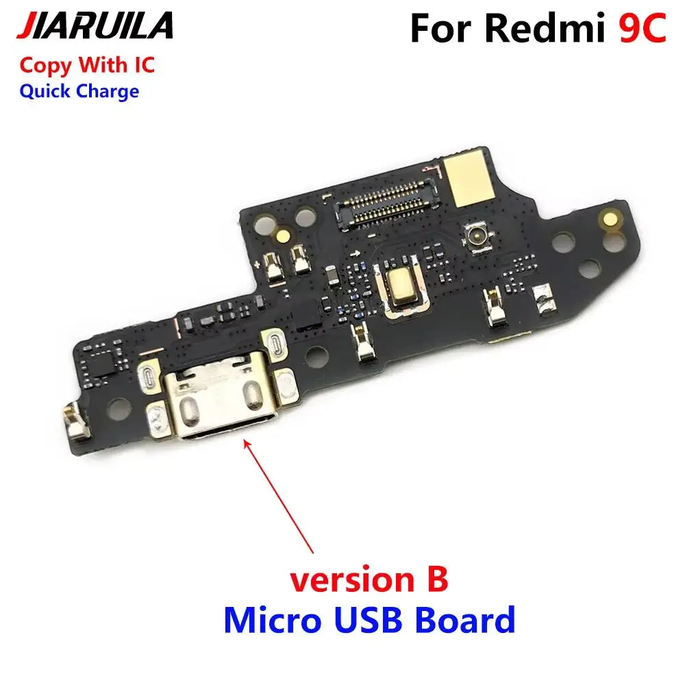 Schwarzes Leiterplatten-USB-Ladeanschluss-Flexkabel für die Xiaomi-Redmi-Serie mit silbernem USB-Anschluss, goldfarbenen Kontakten und elektronischen Bauteilen, geeignet für Schutzzeit über China Post.