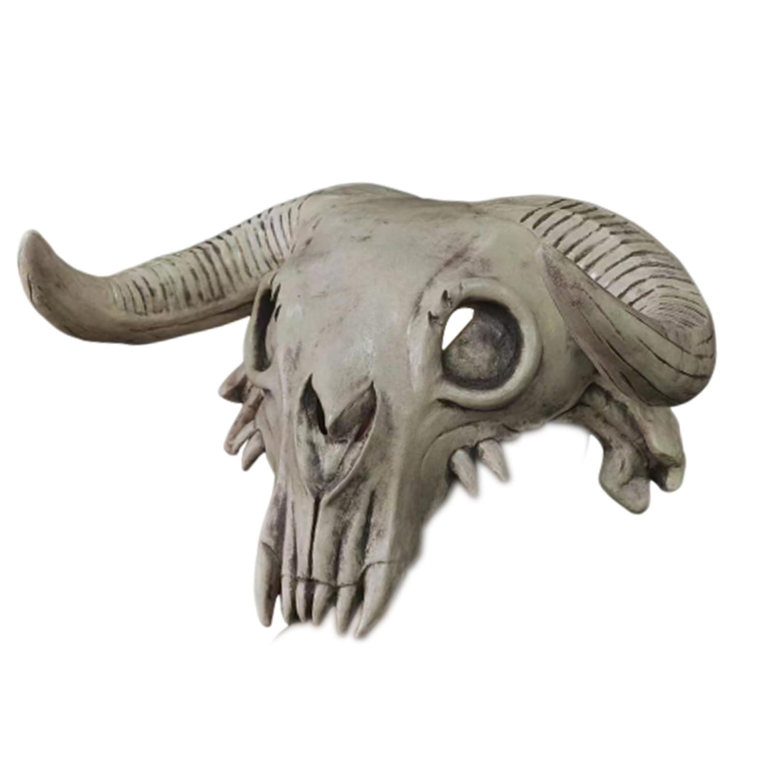 gray plastic halloween cosplay mask featuring a creepy ram skull design with detailed ridged horns and sharp teeth suitable as a head mask for cosplay and Halloween events