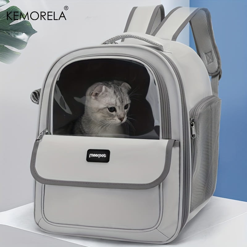 Una elegante mochila plegable para transportín de mascotas de malla color gris claro Kemorela, con panel frontal transparente y bolsillos laterales de malla.