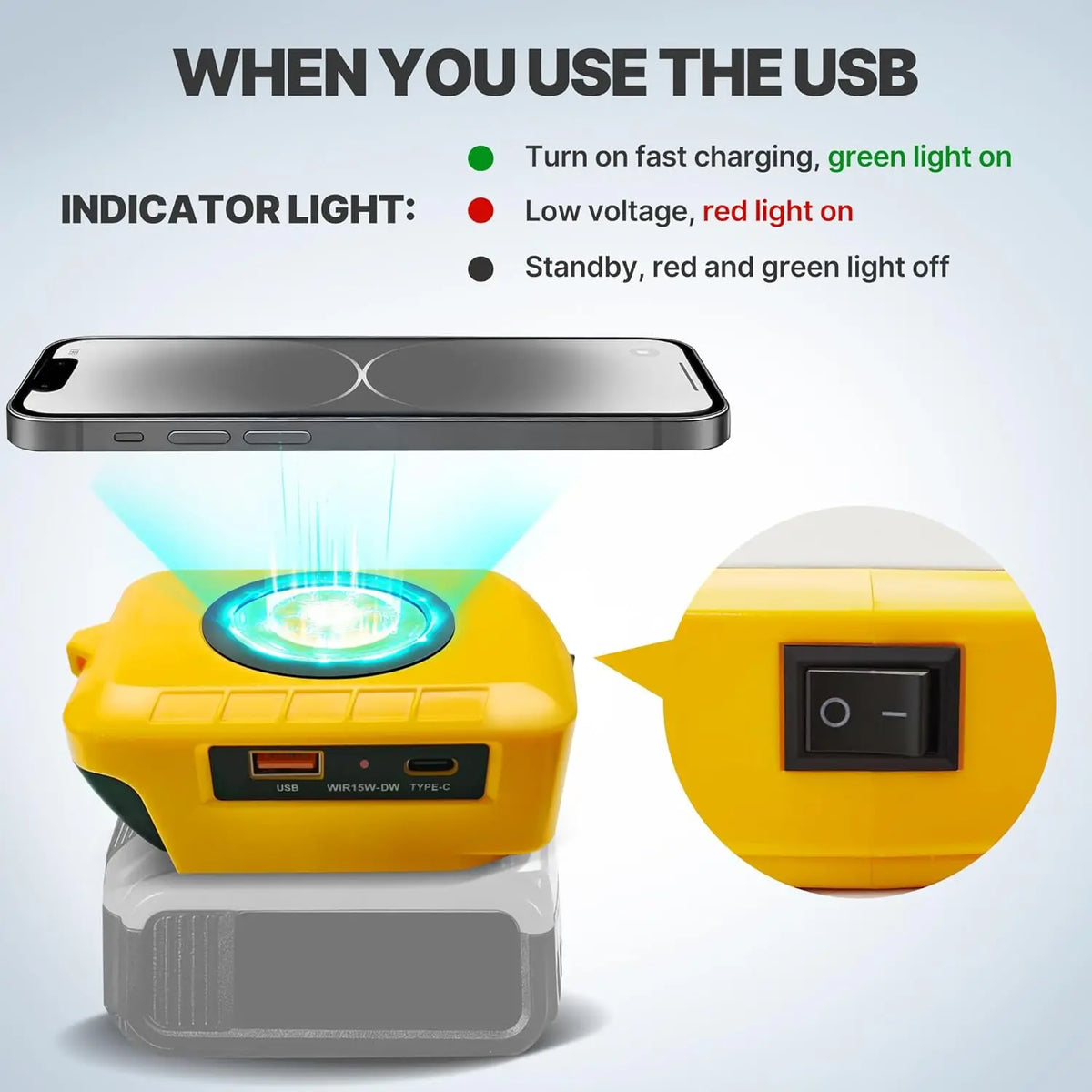 Wireless Charger Adapter for Dewalt 20V Battery,15W Max Wireless Charging Adapter with Type C &USB 2.1A Fast Charge Ports