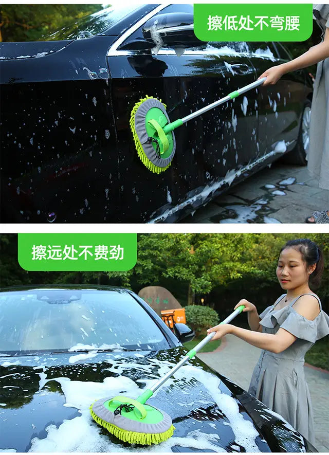 Fregona telescópica giratoria para lavado de coches verde y gris con cepillo de microfibra desmontable y mango largo, diseñada para limpiar con facilidad zonas de difícil acceso.