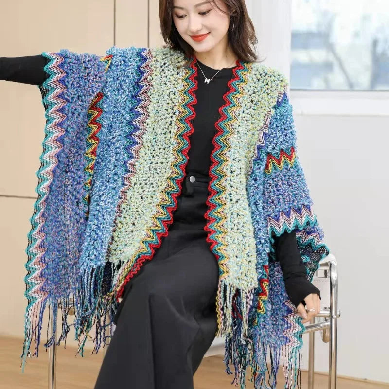 Ethnic Style Cape Oversized Sweater Jacket Women Fashion New Loose Patchwork Warm Long Scarf Knitted Cardigan Woman