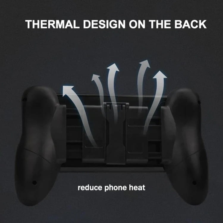 Joysticks de gamepad de teléfono móvil negro que muestran el reverso, con diseño térmico para reducir el calor para juegos en iOS y Android.