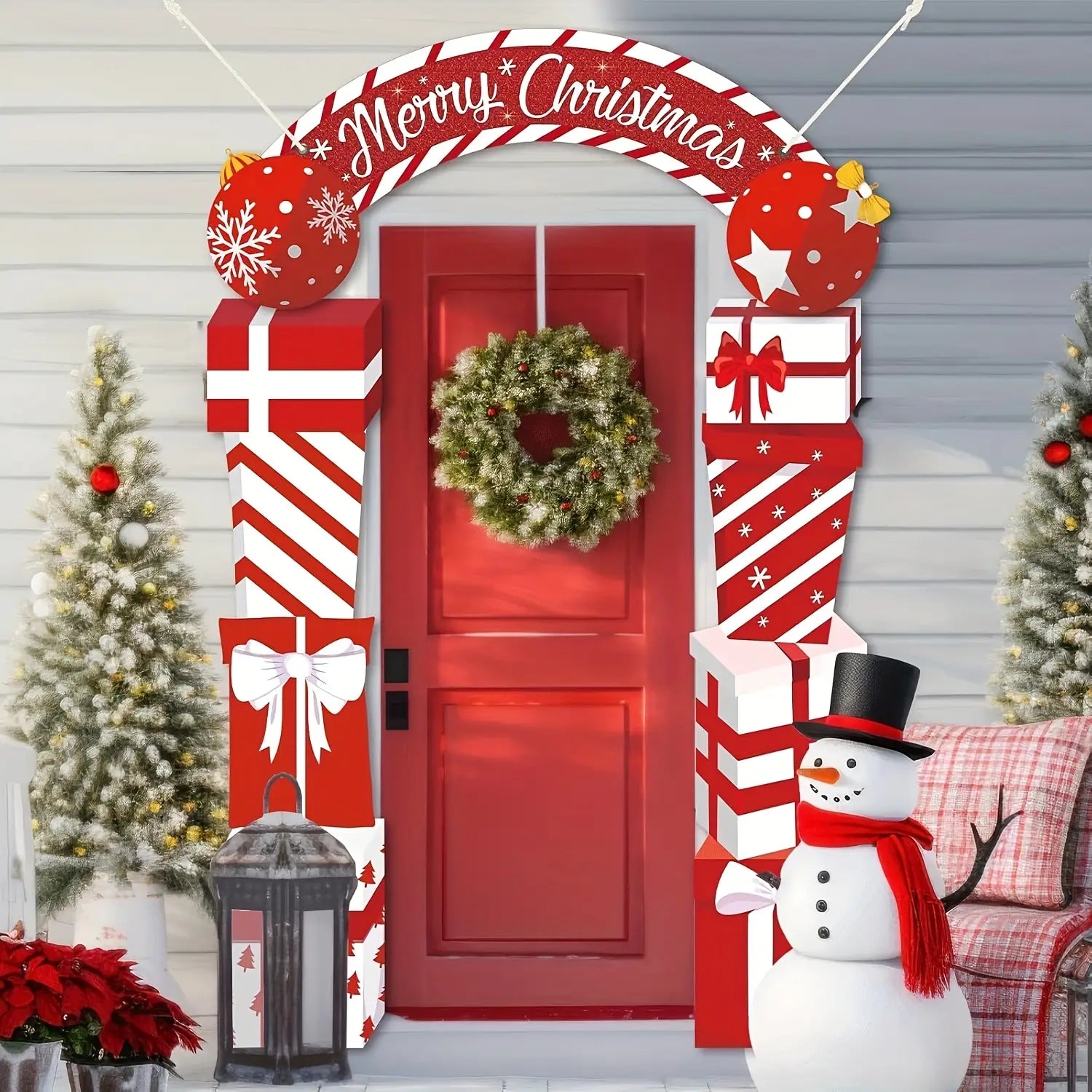 Bannière de porte de Noël, décoration de vacances, présentant une porte rouge ornée d’une couronne festive et de décorations de boîte-cadeau surdimensionnée sur le thème de la canne de bonbon.