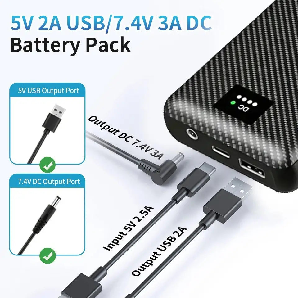 5V 2AのUSBおよび7.4V 3AのDCの複数出力ポート、ならびにインジケーターライトを備えた、ブラックのカーボンファイバー調テクスチャーの30000mAh／40000mAh加熱ベスト用パワーバンクバッテリーパック。