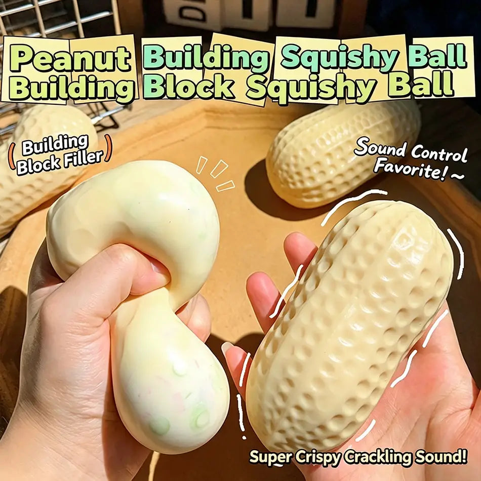 Cream-colored peanut squishy filled stress toy made of soft, stretchy material with a textured, bumpy surface ideal for squeezing.