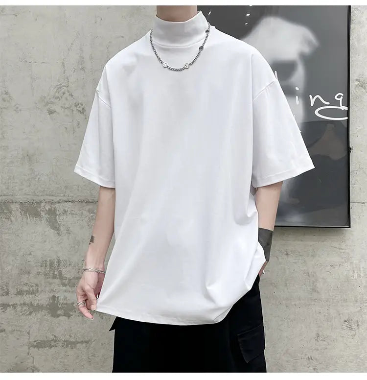 White men oversized turtleneck short-sleeve t-shirt with a relaxed fit and subtle side seam detailing for casual streetwear.