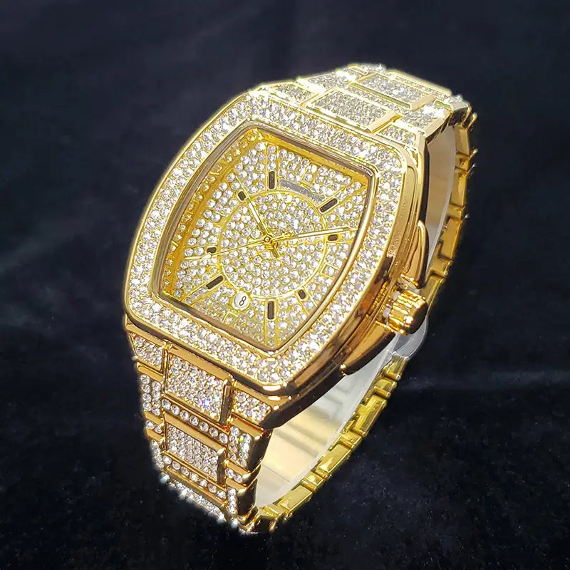 Gold-tone diamond-encrusted square-faced mens watch with luxury quartz movement and matching bracelet.