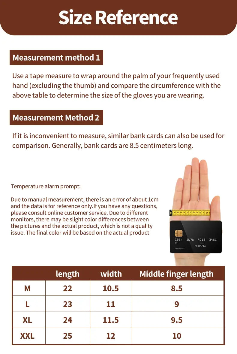 A black credit card-sized size reference guide with a measurement table and hand illustration for heavy duty suede work gloves for men.