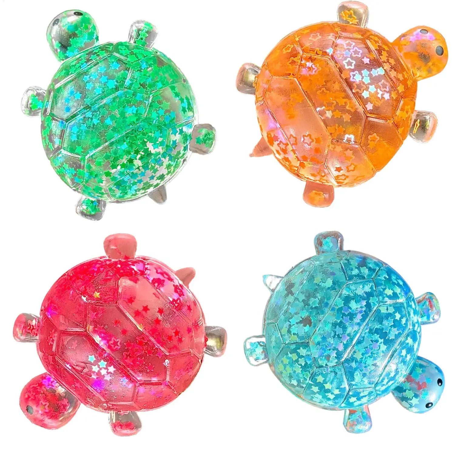 four colorful translucent turtle shape squeeze toys with glittery star patterns and metallic accents designed as sensory fidget stress balls