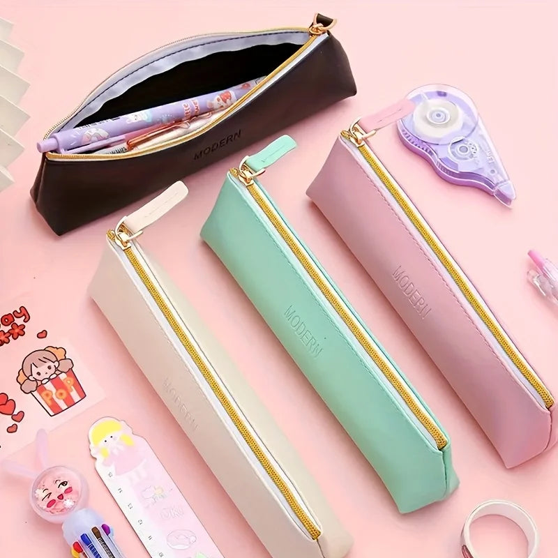 1Pc PU Leather Large Capacity Pencil Case, Multifunctional Stationery Storage Bag for Office Supplies, Student Organizer Pouch