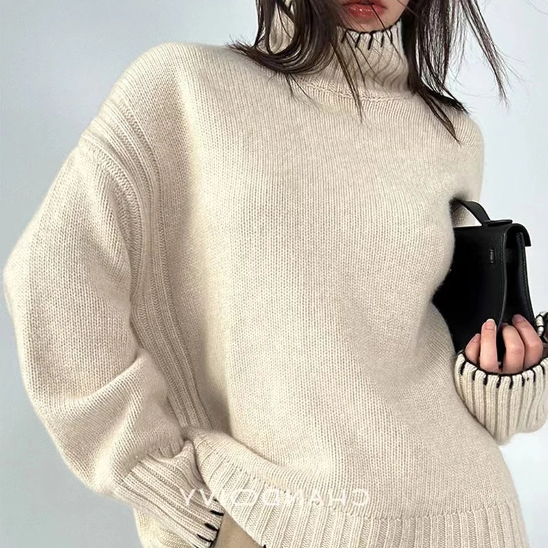 100% Pure Wool Sweater Women's 2025 Autumn and Winter New High Neck Pullover Fashionable Loose Plus Size Warm Knit Top