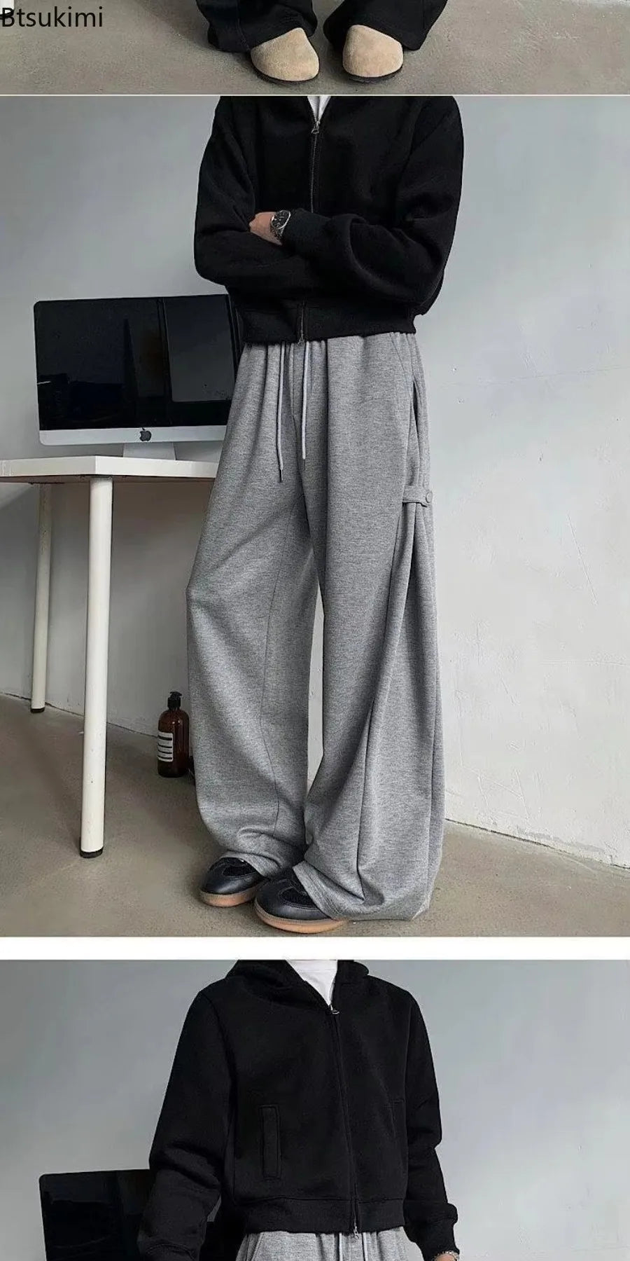Men's Casual Wide Leg Pants Grey Black High Street Loose Fit Spring Autumn Heavy Weight Straight Tube Trousers for Men All Match