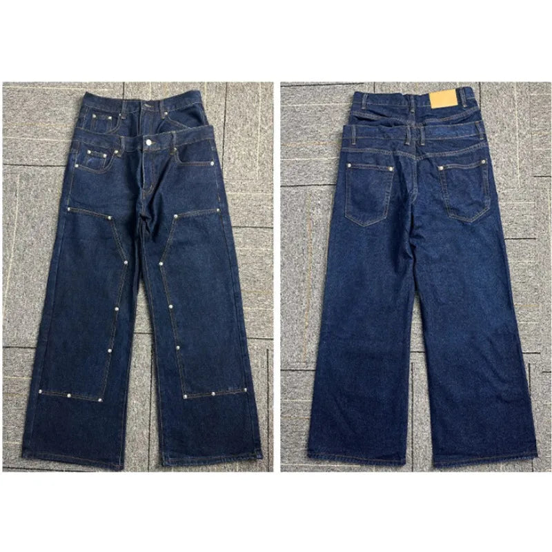 New Men Raw Denim Wide Leg Jeans Double Layer Waist Rivet Carpenter Pants Loose Straight Leg Dark Blue Casual Baggy Bottoms
