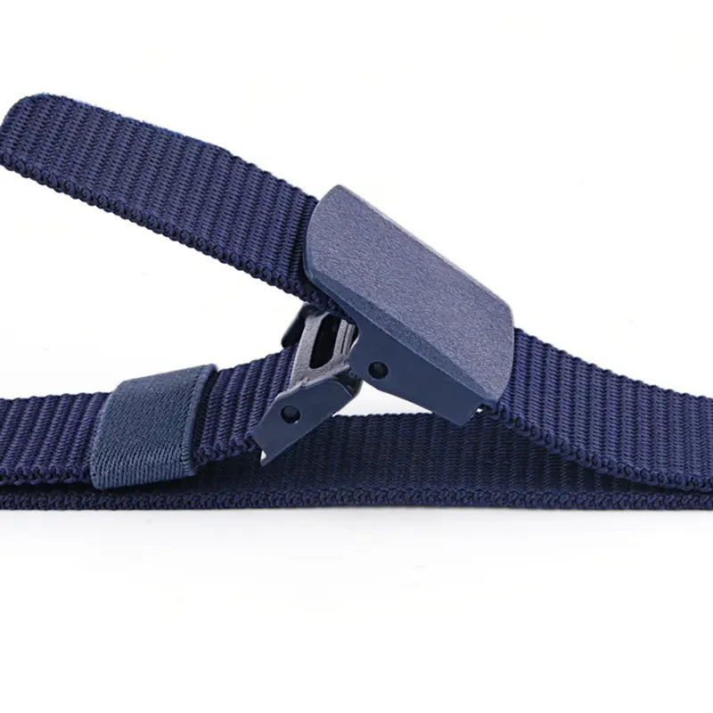 Mens tactical canvas belt in dark blue nylon with a lightweight matte black automatic plastic buckle.