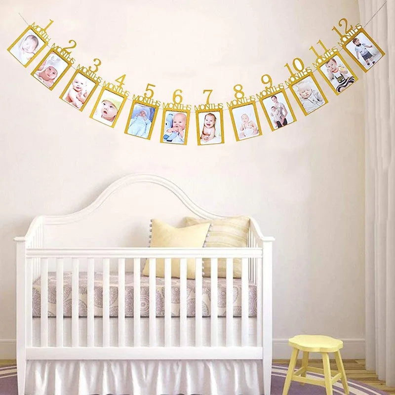 Birthday Baby One Year 12 Months Photo Banner Baby Boy Girl 1 Year Birthday Party Decor Photo Garlands Baby First Birthday Party