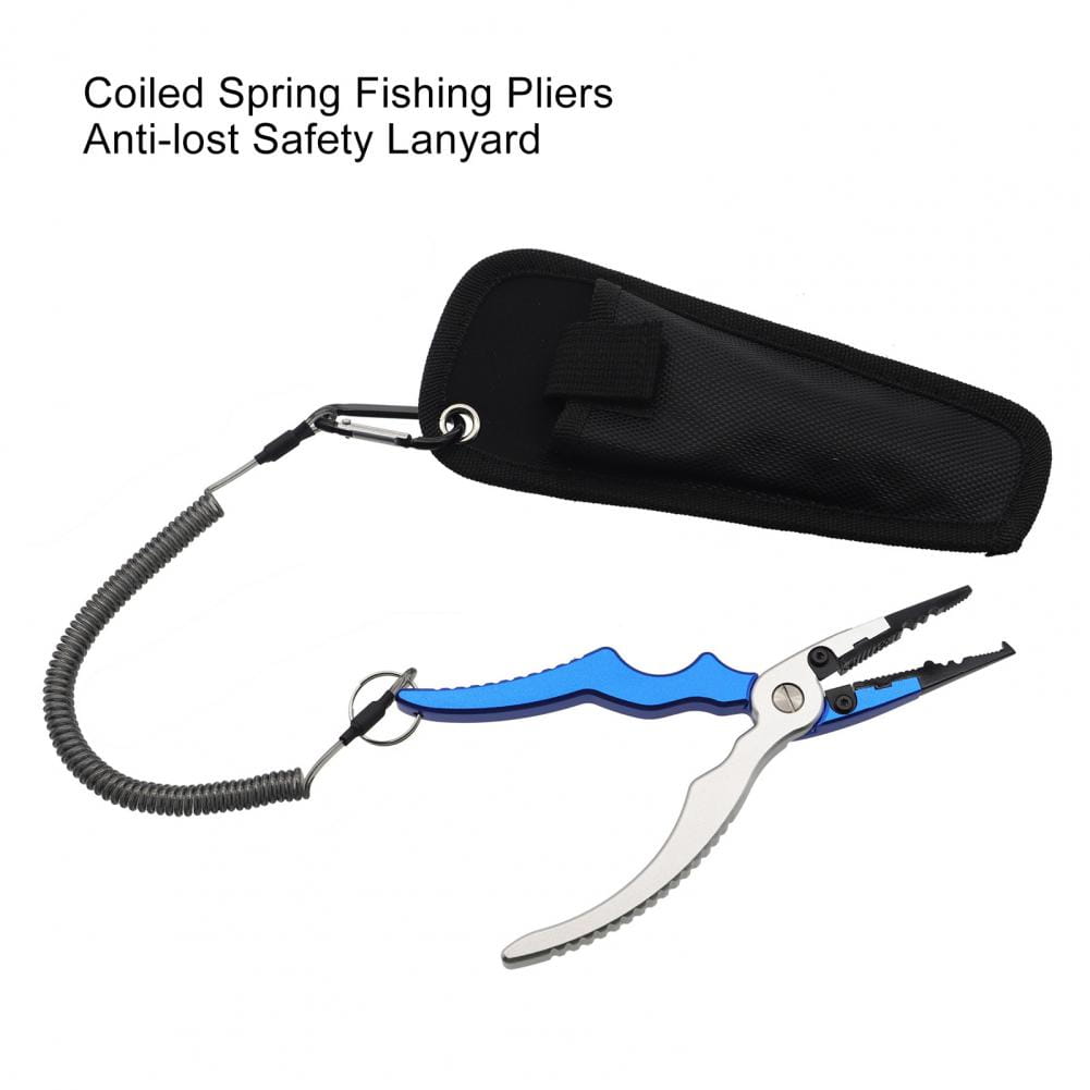 Retractable coiled spring anti-lost lanyard keychain featuring blue and silver fishing pliers with a black carrying case.