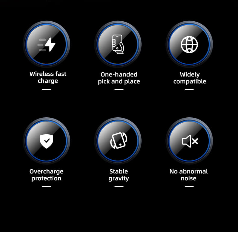 Black wireless charger with blue glowing circular icons and white text labels showcasing fast charging features for a car wireless charger and fast charging mount.