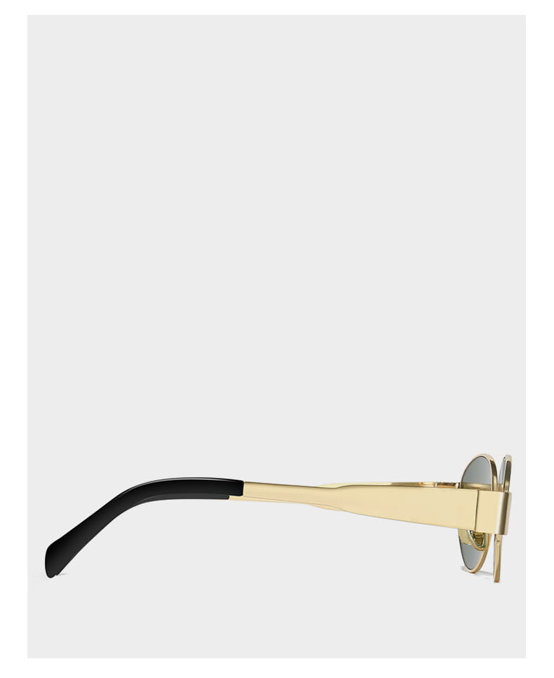 Gafas de sol ovaladas para mujer y hombre con montura en tono dorado que presentan un diseño moderno y elegante, con puntas de patillas negras y lentes redondas.