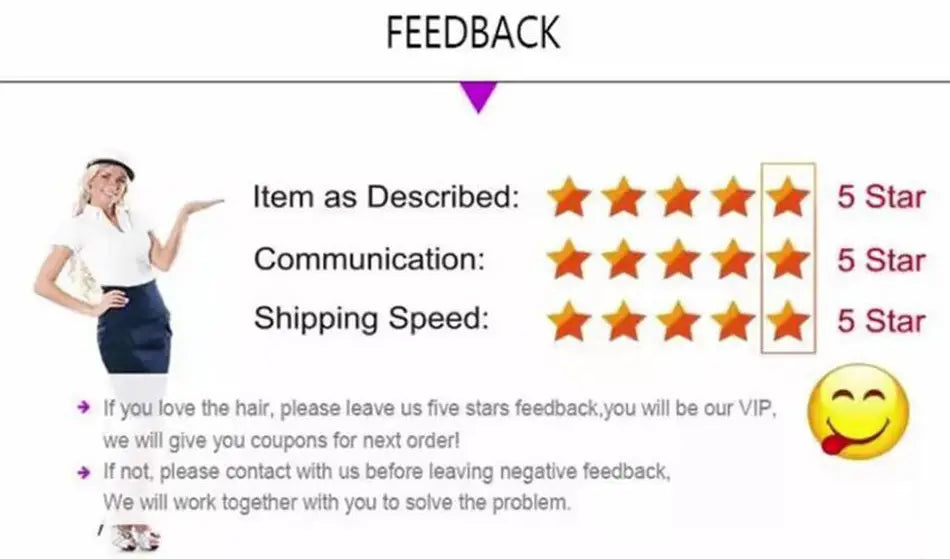 Smiling woman in a white blouse and navy skirt gestures toward five-star feedback ratings for item description communication and shipping speed on a led Halloween pumpkin lights 6-pack product.