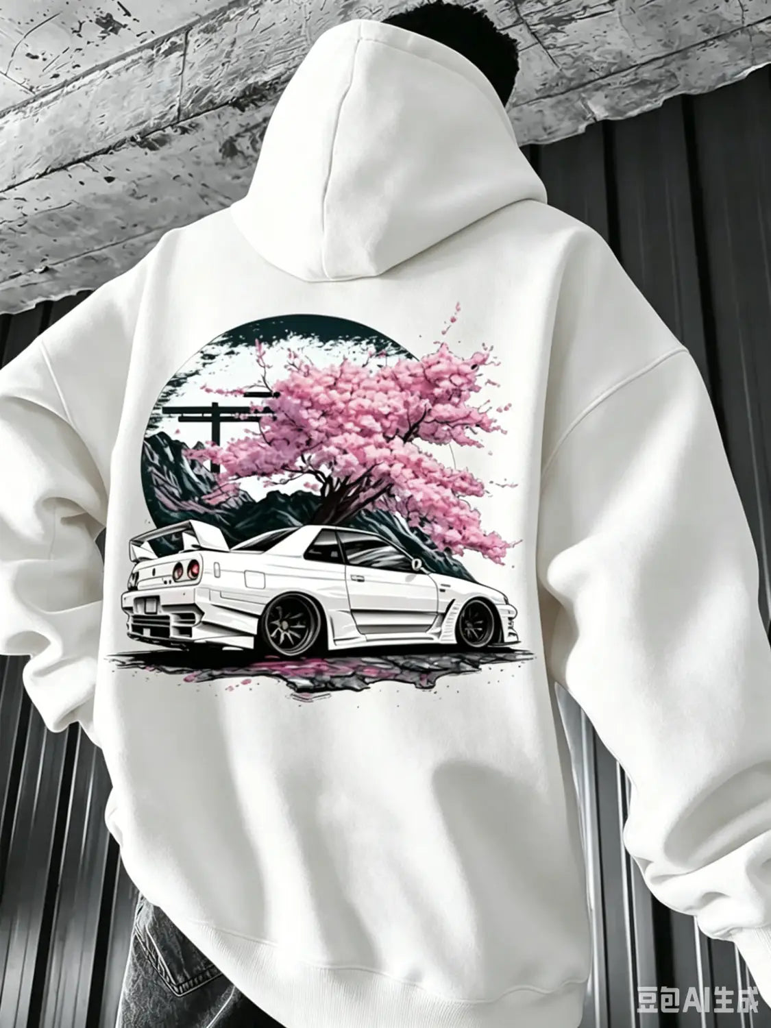 White hoodie featuring a vibrant graphic of a white sports car under pink cherry blossoms against a dark circular backdrop from the Jdm Skyline Cherry Blossom men hoodie collection.