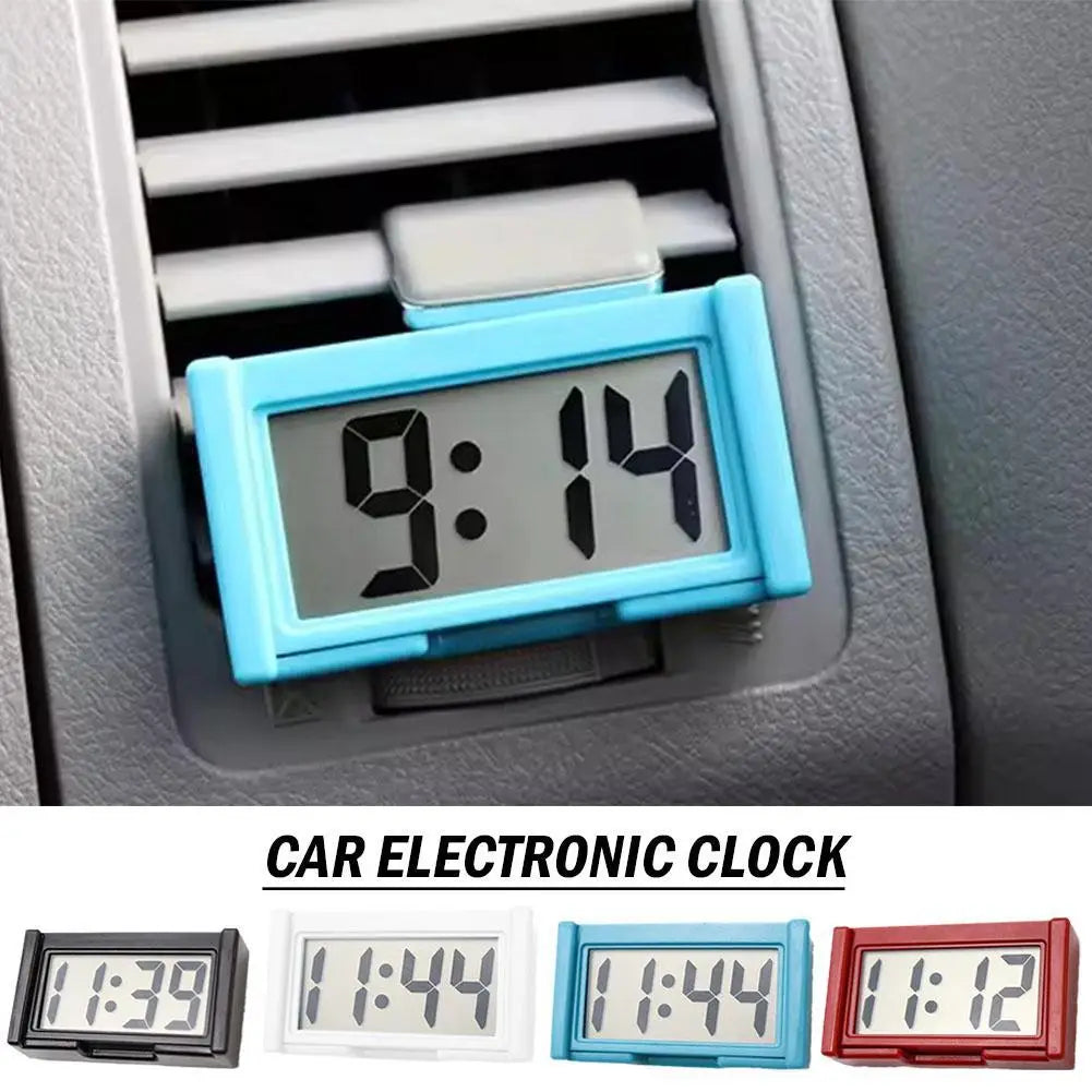 Blaues rechteckiges digitales Fahrzeuguhr-Dashboard-Uhrzeit-Display mit schlankem Kunststoffrahmen und schwarzer LED-Anzeige, die 9 14 zeigt