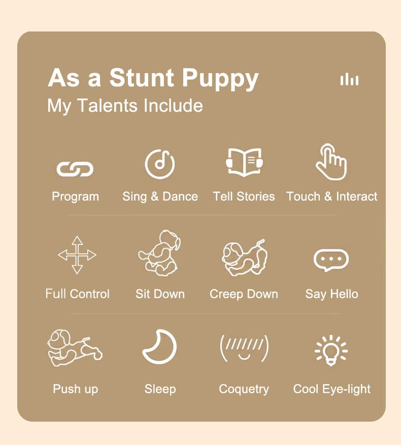 a beige digital interface showcasing the playful talents of the rc robot dog interactive smart electronic stunt pet with white icons and text