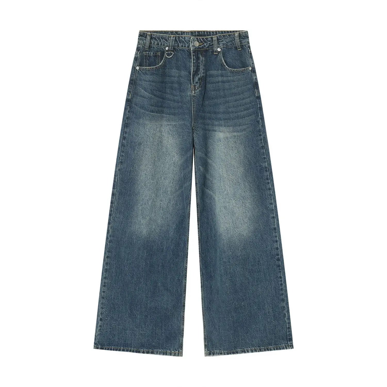 Men’s vintage wide leg baggy denim jeans in dark wash with classic five-pocket design and wide-leg cut.