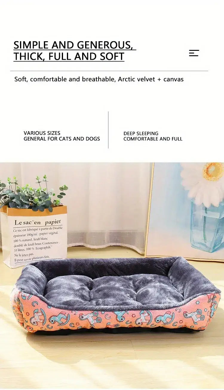 pink and gray arctic velvet and canvas plush cat bed and dog bed with cartoon horse pattern designed for winter pet products