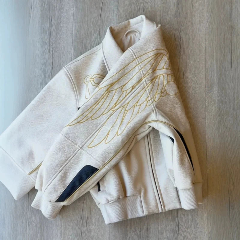 Mens PU Leather Jacket Embroidery Motorcycle Coat Harajuku Unisex Cropped Lapel Collar Vintage Streetwear Casual Fashion Trend
