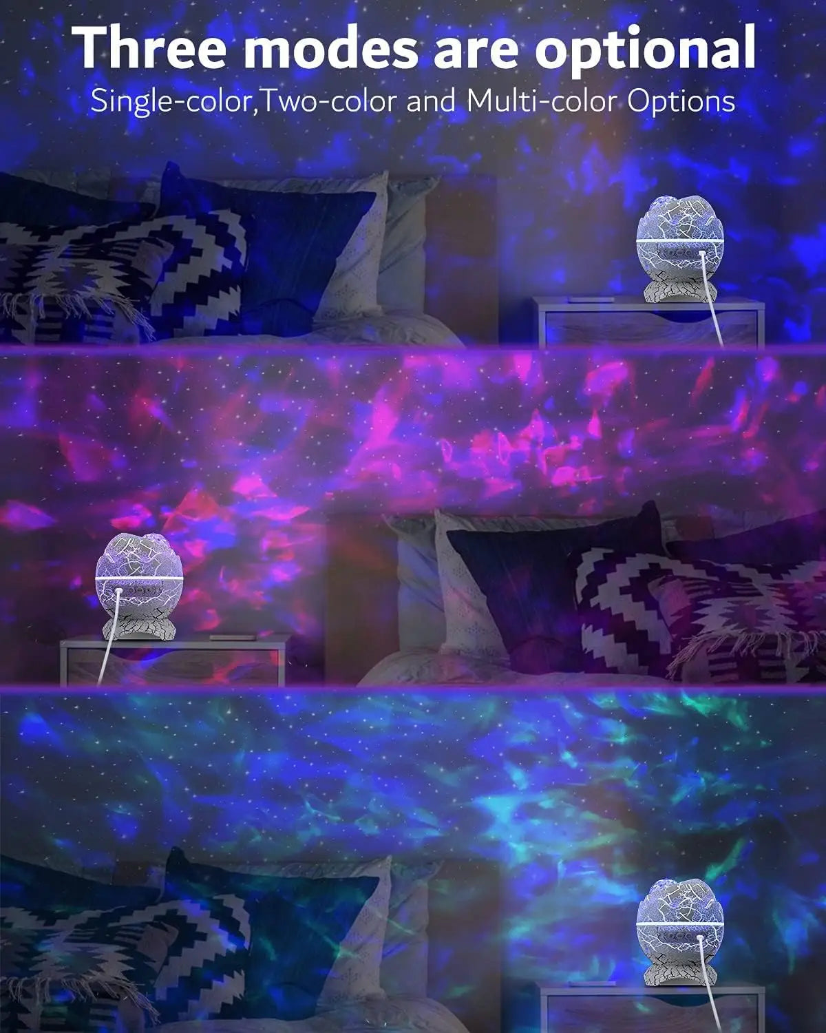 Projecteur d’étoiles lumineux de nuit en forme de galaxie d’œuf de dinosaure, avec un design sphérique en treillis, une base texturée et une coupole translucide pour une projection d’étoiles d’ambiance.