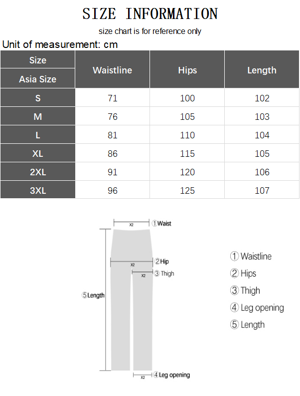 Tableau des tailles pour jeans en denim Y2K hommes ample à jambe large, présentant les mesures du pantalon en centimètres selon les tailles S à 3XL.