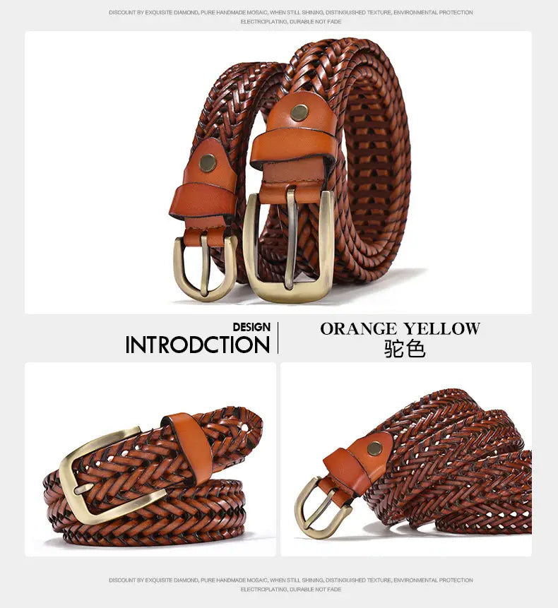 Ceinture en cuir tressé pour hommes, avec sangle en cuir de vache marron, boucle beige et quincaillerie métallique de couleur laiton, conçue pour un usage décontracté.