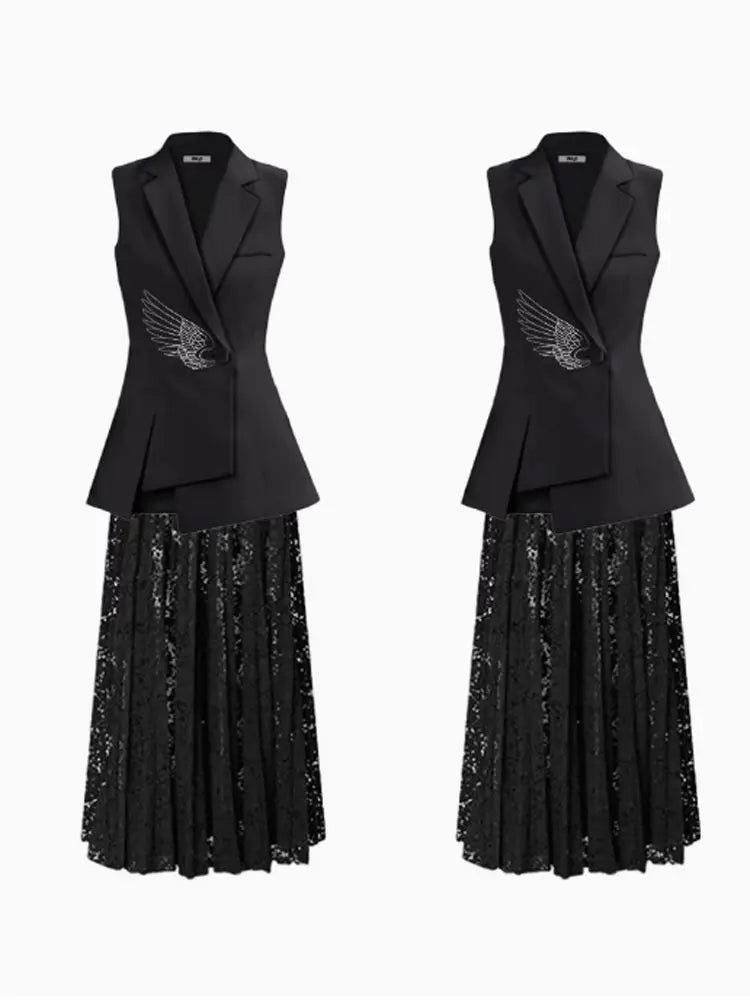 Brand Designer Black Blazers Vest Wings Printed Waistcoats Notched Single Button Asymmetric Sleeveless Vests Temperament Women