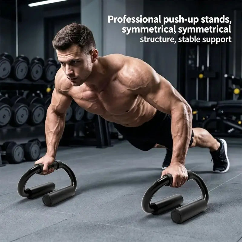 Black professional push-up stands with symmetrical structure and stable support featured in a 6-in-1 ab roller wheel set with real time tracking.