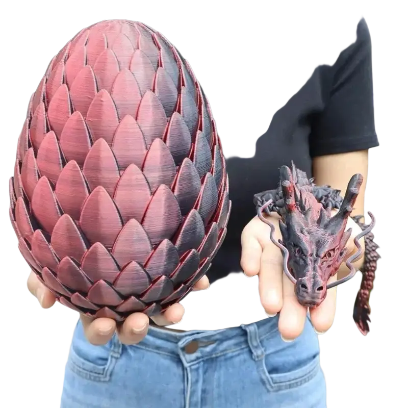 2 3D printed giant reddish-brown dragon eggs with layered scales and miniature dragon head figurines for home decor