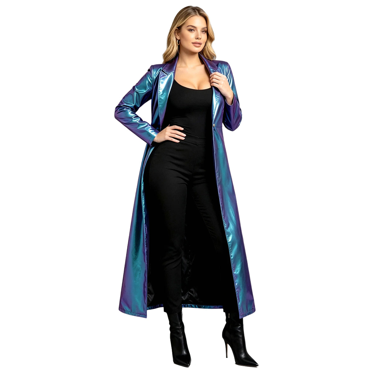Womens Metallic Trench Coat Turn-down Collar Long–sleeve One Button Gothic Retro Jacket Outerwear Rave Party Clubwear Streetwear
