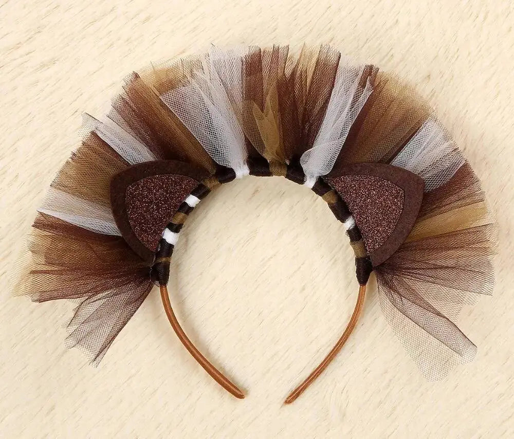 Diadema para gato con orejas de fieltro marrón con brillo y tela marrón, para niña pequeña con temática de león-jungla, con diseño de orejas tipo gato