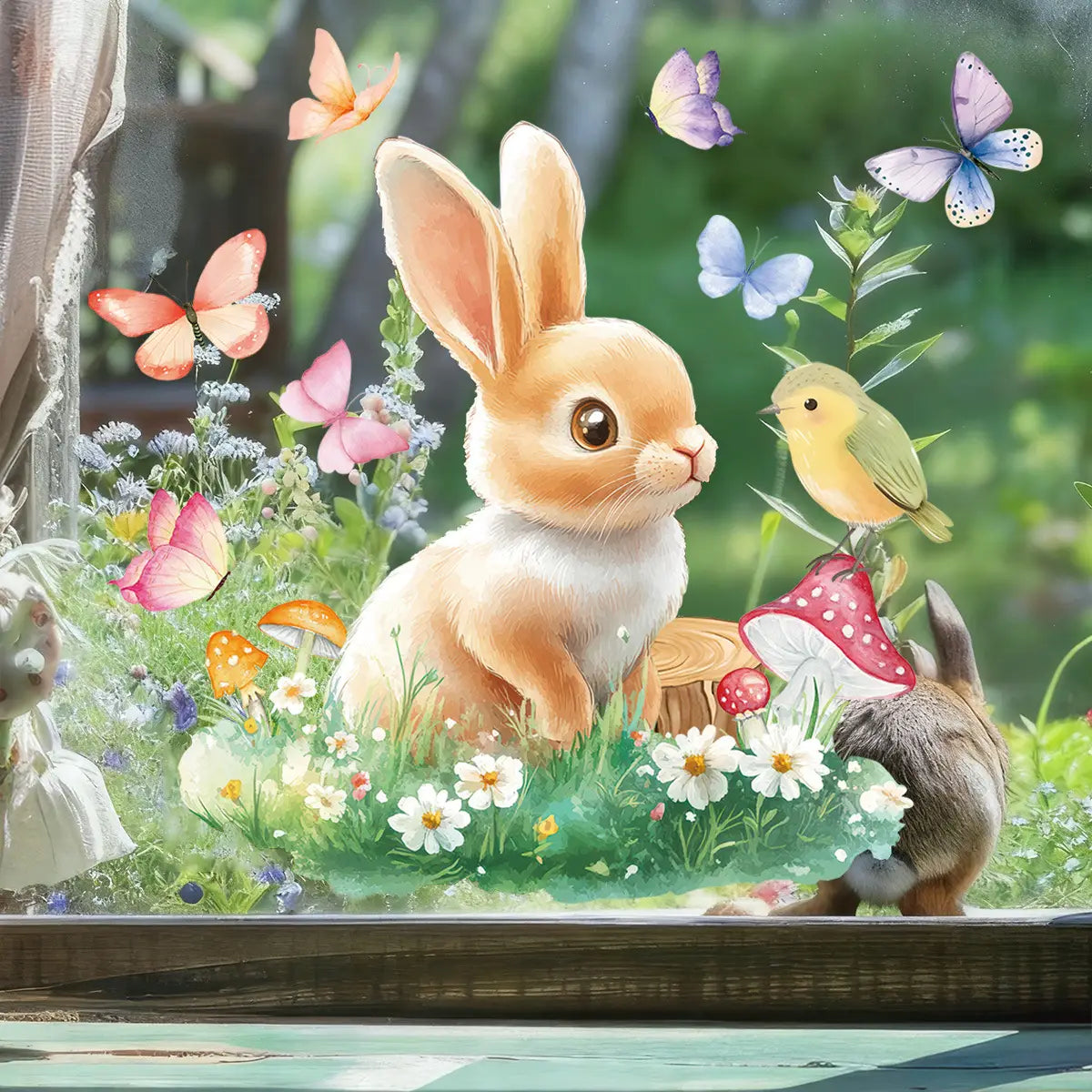 a charming illustration of a fluffy tan and white bunny surrounded by colorful butterflies wildflowers and mushrooms on easter bunny window decals colorful egg glass stickers
