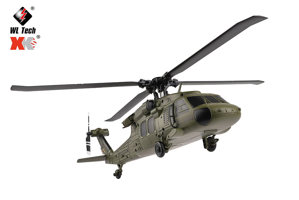 Wltoys K170 Uh-60l remote control helicopter model in olive green with black rotor blades and detailed military markings features an 800mah 20c battery for extended flight time.