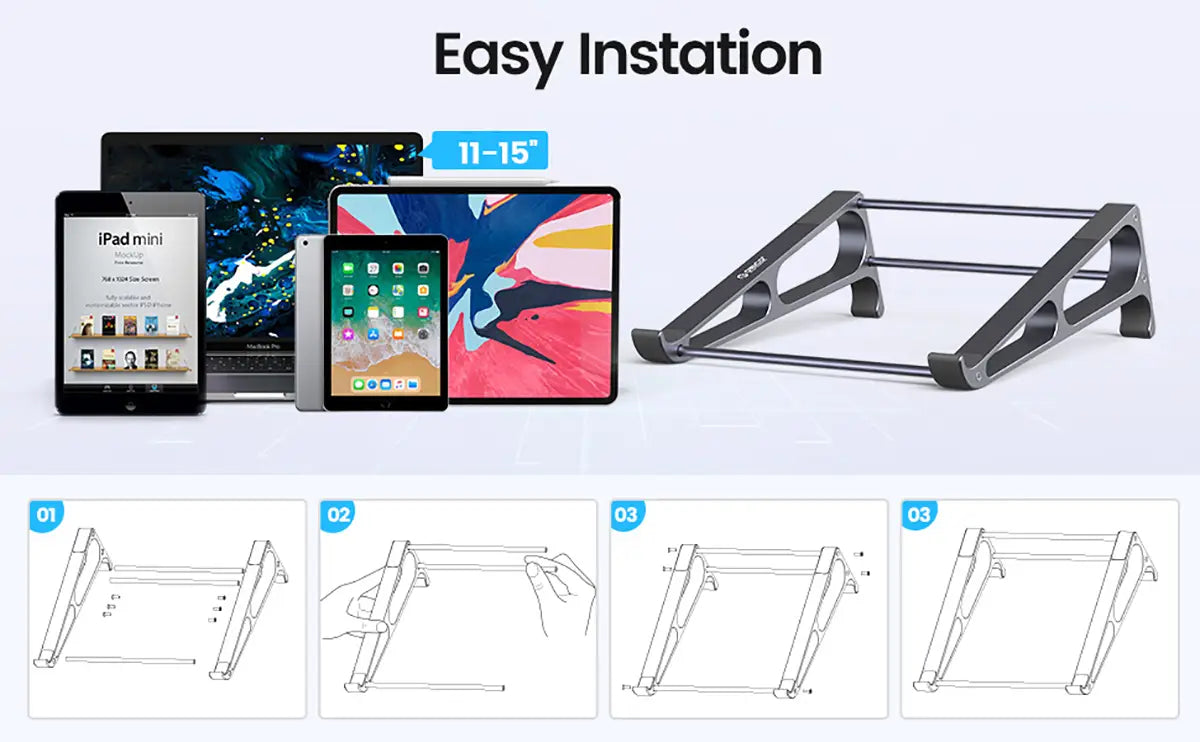 Black metal Orico portable aluminum laptop stand with adjustable height and angled support for 11 to 15 inch devices.