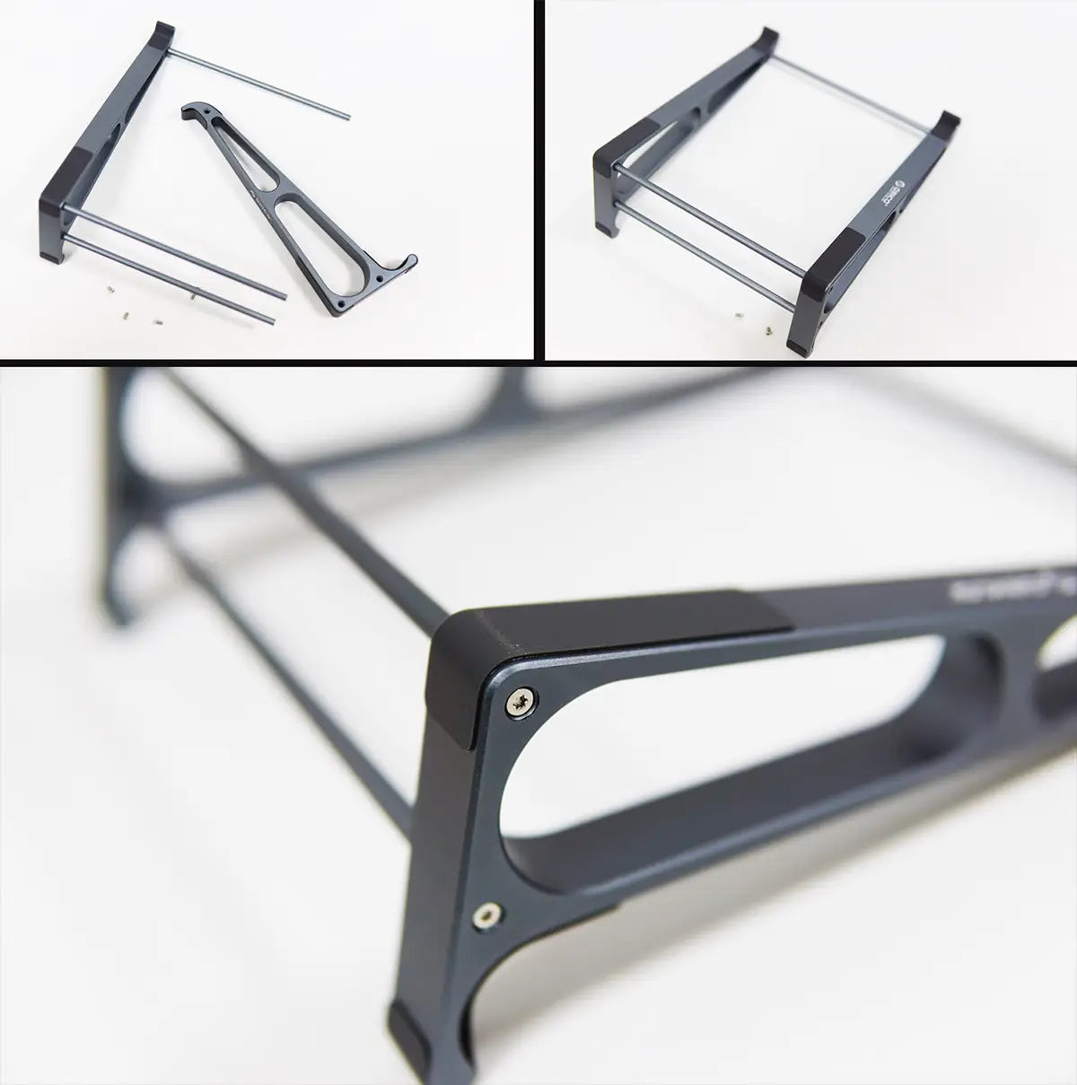 Orico portable aluminum laptop stand and desktop riser in black anodized aluminum with a minimalist angular design and integrated mounting brackets shown from the back side.